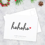 Cartão Postal De Festividades Ho Ho Ho | Minimalista Moderno do Coração de Natal<br><div class="desc">Cartaz de feriado moderno e minimalista com "ho ho ho" na tipografia estilo escrita à mão com script seguida de um coração vermelho. A mensagem de "tudo Feliz" pode ser facilmente personalizada, juntamente com os nomes das suas famílias, para um toque pessoal. O inverso está em uma cor vermelha comum...</div>