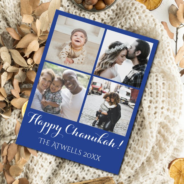 Cartão Postal De Festividades Holiday 4 Photos Happy Chanukah Family Blue (This blue and white photo postcard is an easy way to stay in touch with family.)