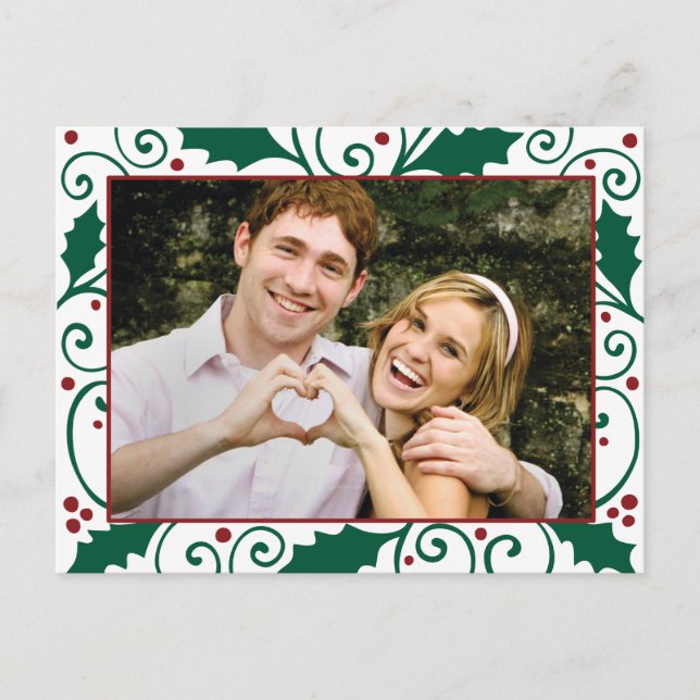 Cartão Postal De Festividades Holly Holiday Green & Red on White Photo Postcard (Frente)