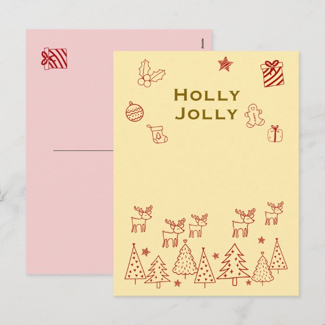 Cartão Postal De Festividades 『Holly Jolly』トナカイのかわいいクリスマスカード♡ (Frente/Verso)