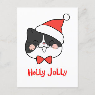 Cartão Postal De Festividades Holly Jolly Cute Kawaii Cat Minimalista