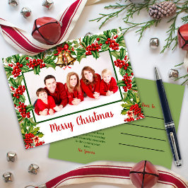 Cartão Postal De Festividades Holly Sai e Berries Feliz Foto de Natal