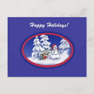 Cartão Postal De Festividades Homem de neve ganha presente de Natal