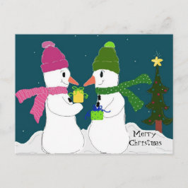 Cartão Postal De Festividades Homens de Neve Trocando Presentes