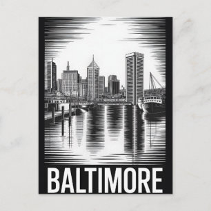 Cartão Postal De Festividades Horizonte de Baltimore Maryland Preto Branco Xilog