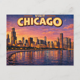 Cartão Postal De Festividades Horizonte de Chicago e Lago Michigan ao anoitecer