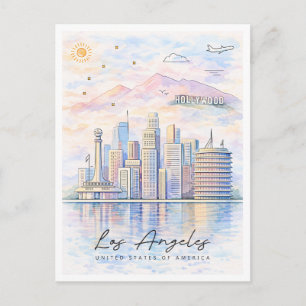 Cartão Postal De Festividades Horizonte de Los Angeles em Aquarela   Viagem para