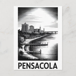 Cartão Postal De Festividades Horizonte de Pensacola Flórida Xilogravura Preto e