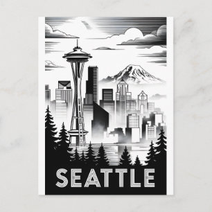 Cartão Postal De Festividades Horizonte de Seattle Washington Preto Branco Xilog