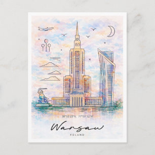 Cartão Postal De Festividades Horizonte de Varsóvia em Aquarela Paisagem Urban