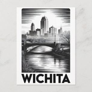 Cartão Postal De Festividades Horizonte de Wichita Kansas Preto Branco Xilogravu