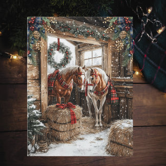 Cartão Postal De Festividades Horses Plaid Country Christmas Winter Barn Scene