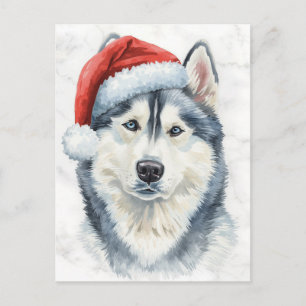 Cartão Postal De Festividades Husky com Chapéu de Papai Noel Natal em Aquarela