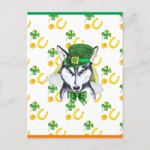 Cartão Postal De Festividades Husky Siberiano Trevo do Dia de São Patrício