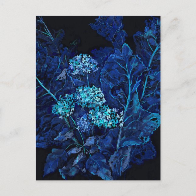 Cartão Postal De Festividades Hydrangea e Horseradina Pintura Floral Preta Azul (Frente)