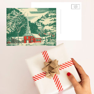 Cartão Postal De Festividades Igreja natal vintage, Paisagem de Neve no inverno