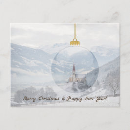 Cartão Postal De Festividades Igreja no inverno: cartão de natal de bola de vidr