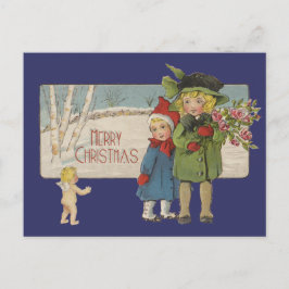 Cartão Postal De Festividades Ilustração Antiga de Crianças no Natal 1920
