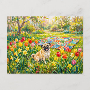 Cartão Postal De Festividades Ilustração Caprichosa de Cachorro Mops em Jardim d