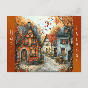 Cartão Postal De Festividades Ilustração da Aldeia Europeia do Outono Laranja