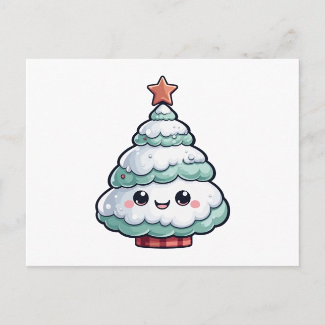 Cartão Postal De Festividades Ilustração da Árvore de Natal Kawaii (Frente)