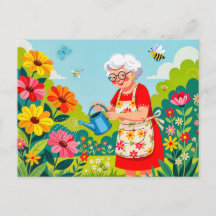 Ilustração da Avó Regando o Jardim