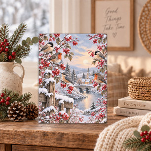 Cartão Postal De Festividades Ilustração de Aldeia Nevada com Frutas do Inverno 