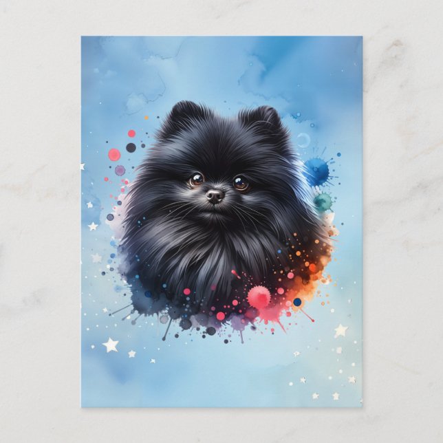 Cartão Postal De Festividades Ilustração de aquarela pomeraniana preta (Frente)