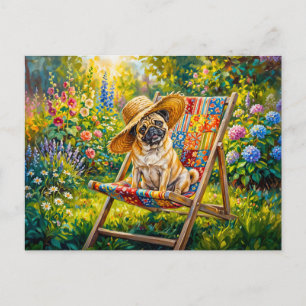 Cartão Postal De Festividades Ilustração de Cachorro Mops de Jardim de Verão Cap