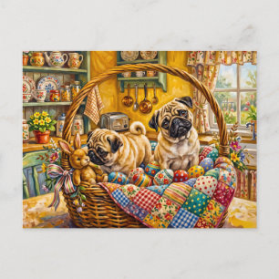 Cartão Postal De Festividades Ilustração de cães Mops em Cesta de Páscoa Caprich