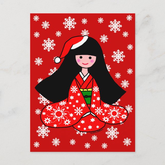 Cartão Postal De Festividades Ilustração de Cartoon de Natal da Kimono Girl (Frente)