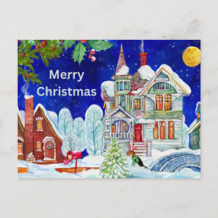 Cartão Postal De Festividades Ilustração de cidade de inverno vintage Natal