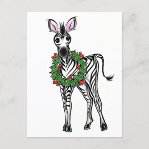 Cartão Postal De Festividades Ilustração de Zebra Festiva Foliday, Holly Wreath