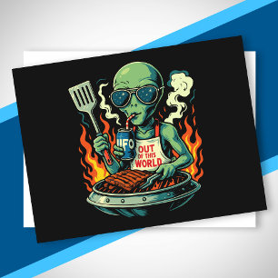 Cartão Postal De Festividades Ilustração Divertida de Churrasco Alienígena Retro