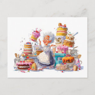 Cartão Postal De Festividades Ilustração engraçada da vovó assando bolos