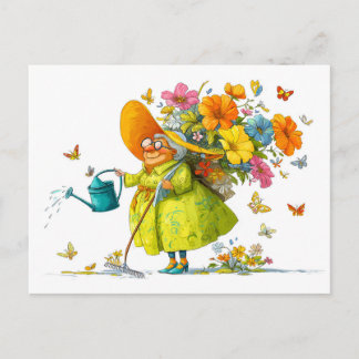 Cartão Postal De Festividades Ilustração engraçada de avó cuidando de flores