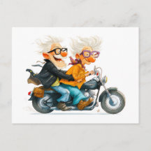 Ilustração engraçada de idosos andando de moto