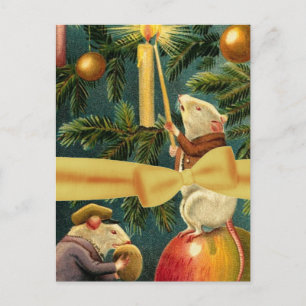 Cartão Postal De Festividades Ilustração Vintage de Camundongos e Árvores de Nat
