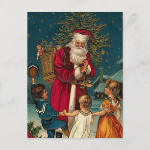 Cartão Postal De Festividades Ilustração Vintage Papais noeis de Natal e Criança