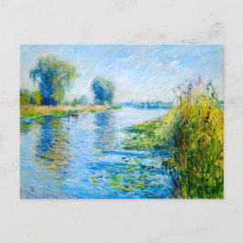 Cartão Postal De Festividades Impressionista Primavera Riverbank com barcos