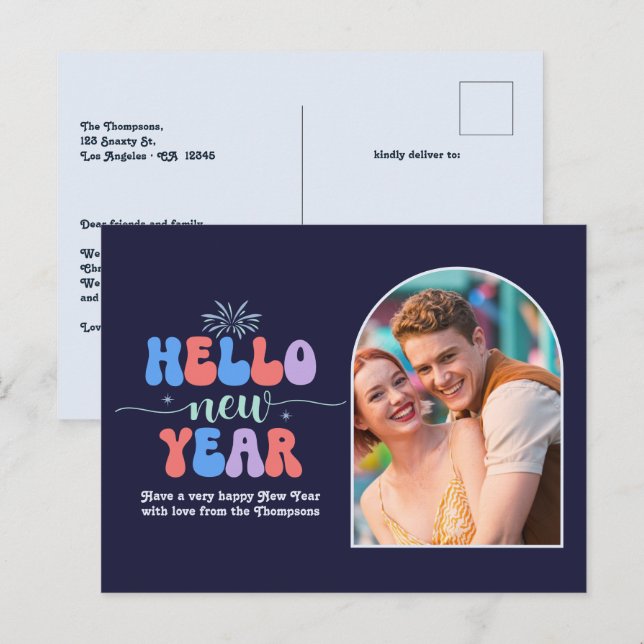 Cartão Postal De Festividades Indigo Gleam New Year Retro Modern Blue Photo (Frente/Verso)