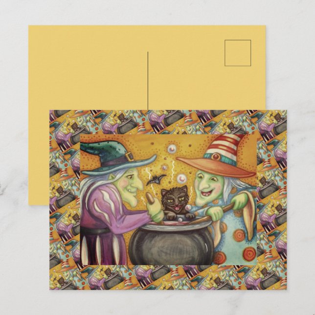 CARTÃO POSTAL DE FESTIVIDADES IRMÃS DE BRUXAS, GATO NEGRO E TRASEIRO (Frente/Verso)