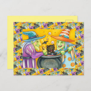 CARTÃO POSTAL DE FESTIVIDADES IRMÃS DE BRUXAS, GATO NEGRO E TRASEIRO