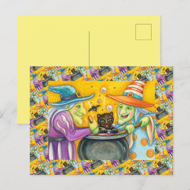 CARTÃO POSTAL DE FESTIVIDADES IRMÃS DE BRUXAS, GATO NEGRO E TRASEIRO (Frente/Verso)
