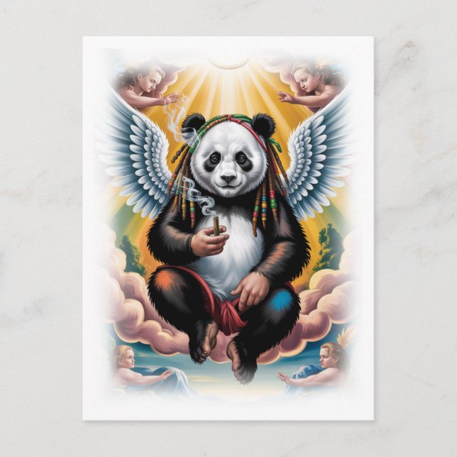 Cartão Postal De Festividades Jamaican Panda surrounded by Angels on a White (Frente)