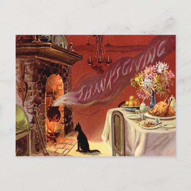 Cartão Postal De Festividades Janto de Ação de Graças Lareira de Gato Negro Turq (Frente)