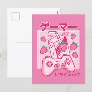 Cartão Postal De Festividades Japonês Kawaii Strawberry Milk Mostra Leite Engraç