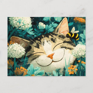 Cartão Postal De Festividades Jardim de Flores de Gato Adormecido com Aquarela A
