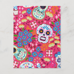 Cartão Postal De Festividades Jardim Floral do Crânio do Rock Rosa