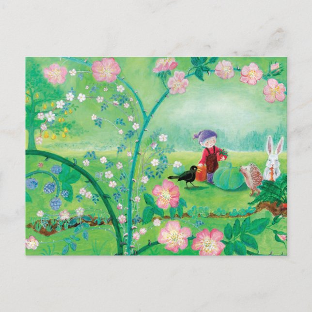 Cartão Postal De Festividades Jardineiro Gnomo, Blackbird, Hedgehog e Coelho Bra (Frente)